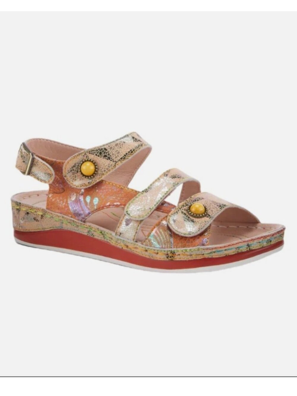 L'Artiste Spring Step 39 = US 8.5 Payokya Sandals Orange Floral Leather Wedge
